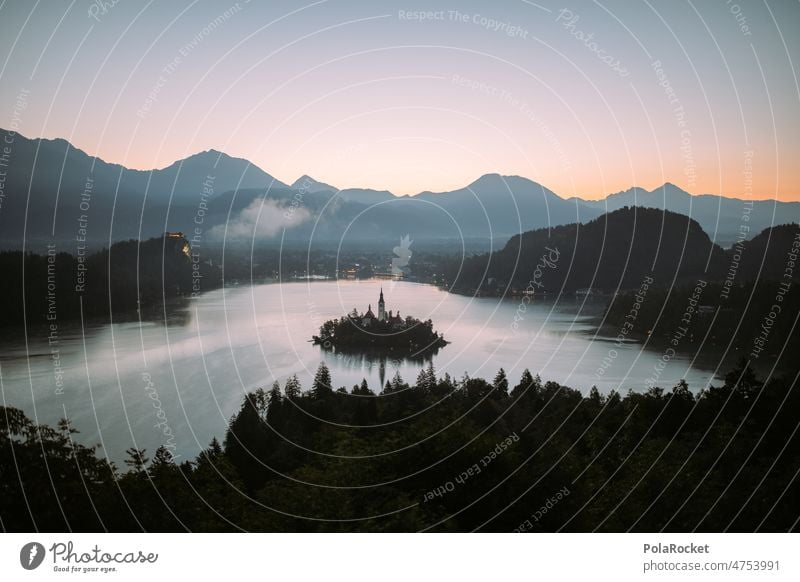 #A0# Bled in the morning lake bled Lake Lakeside Water Slovenia Church Church spire Mountain lake mountains Slope Mountain ridge Morning Dawn Morning fog