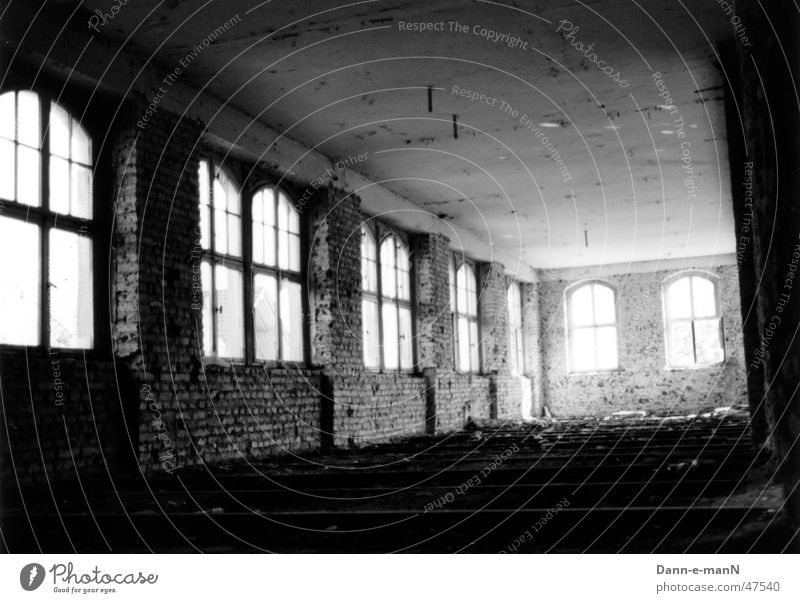 Through space and time Derelict Brick Window Factory Gloomy Shabby Contrast Black & white photo Old