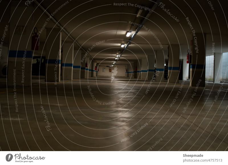 Empty underground car park with lateral incidence of light and reflection of ceiling lighting on asphalt Underground garage Garage Concrete Asphalt Deserted