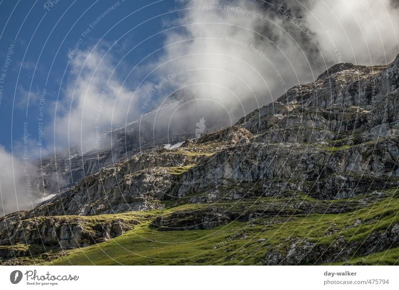 Hot springs on the Eiger Nature Landscape Sky Clouds Summer Beautiful weather Rock Alps Mountain Peak Snowcapped peak Blue Green White Switzerland Grindelwald