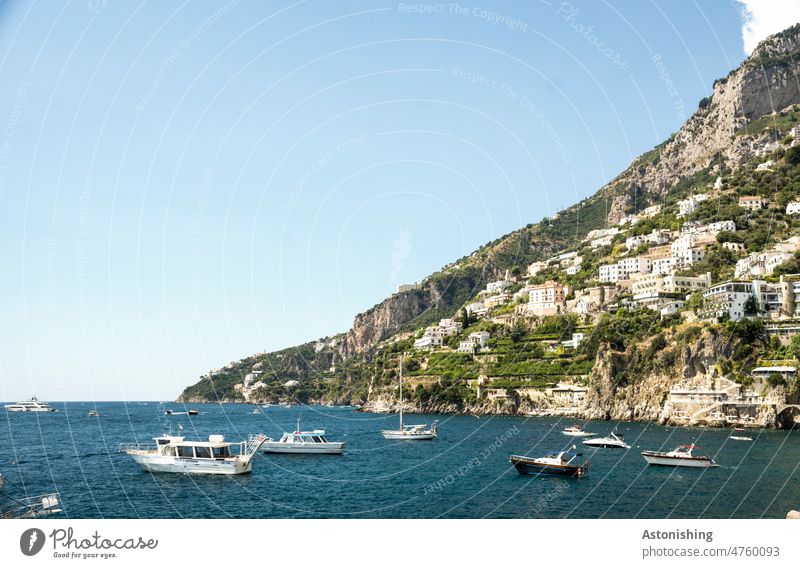 Boats near Positano, Amalfi Coast boats Italy Town Steep Landscape Nature Ocean coast houses Building Old Historic vacation Tourism mountain voyage Rock Yellow