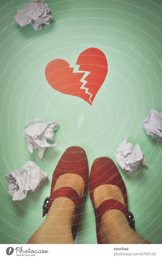 heartache Woman Legs feet High heels feminine crumpled paper Paper broken heart Heart red heart Lovesickness symbol symbolic shattered Illusion Sadness Emotions