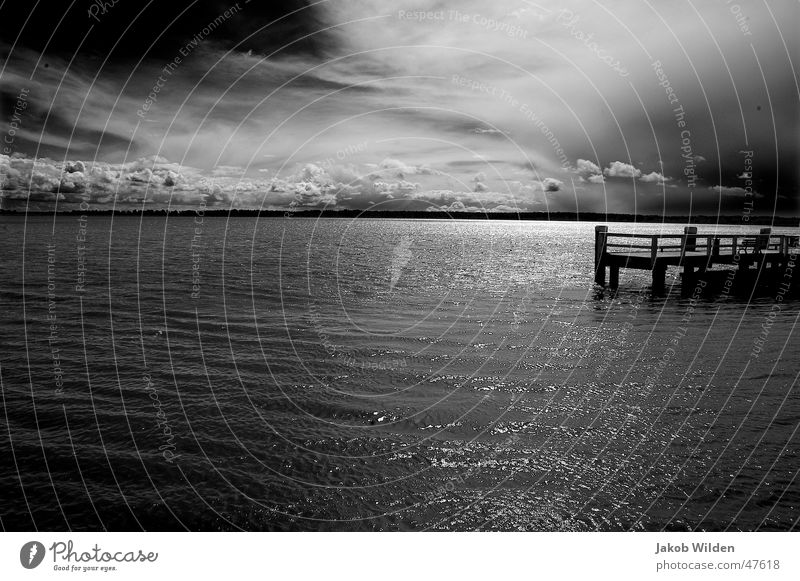 Bodden banks Far-off places Calm Pure Clean Clouds Sky Water Clarity mirrored peace in the solitude of nature digtale color image at pc converted to bw