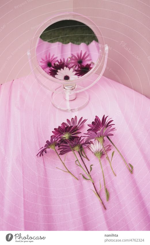 Still life spring based image of a bouquet of fresh flowers in front of a beauty mirror floral diversity variety mixed color reflection still life beautiful