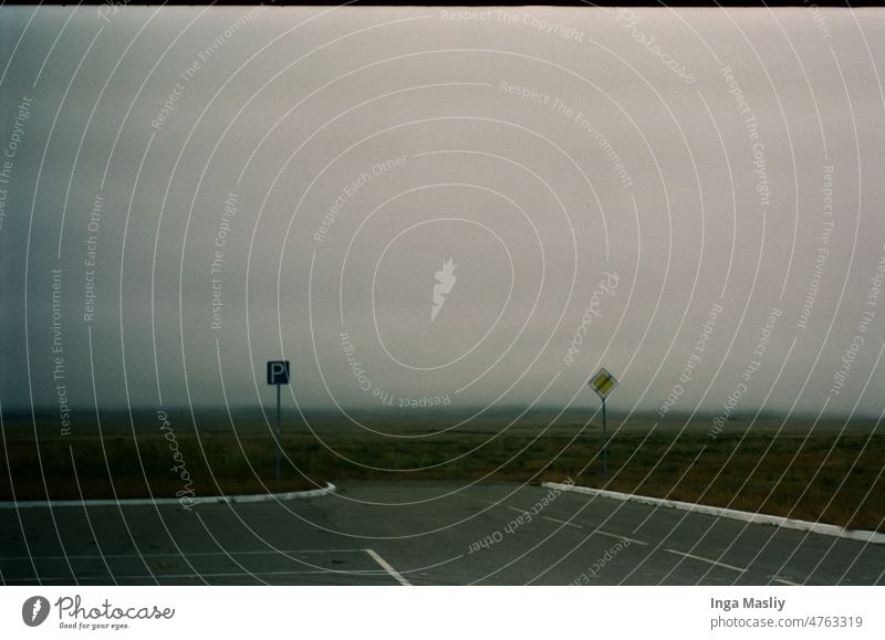 Road to nowhere Fog Road sign Field dead end Parking lot Nature Dark grey