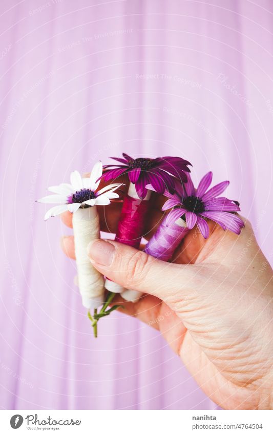 Close up image with a concept between flowers and couture sewing thread floral purple tones pink beautiful fashion trendy palette new organic cotton hand hold