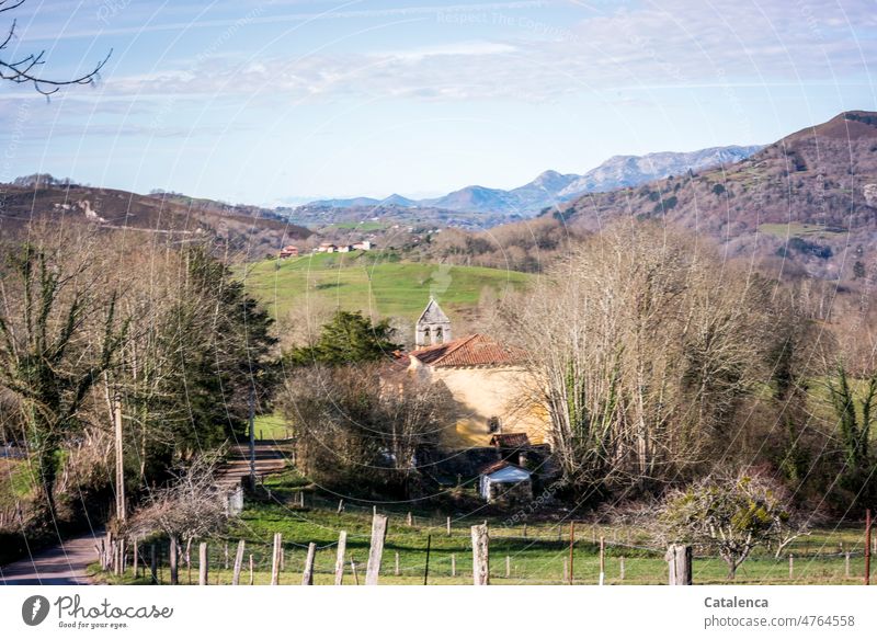 Chapel in northern Spain landscape Blue Green Landscape Hill meadows Forest fields rural idyll Manmade structures Village Building House (Residential Structure)