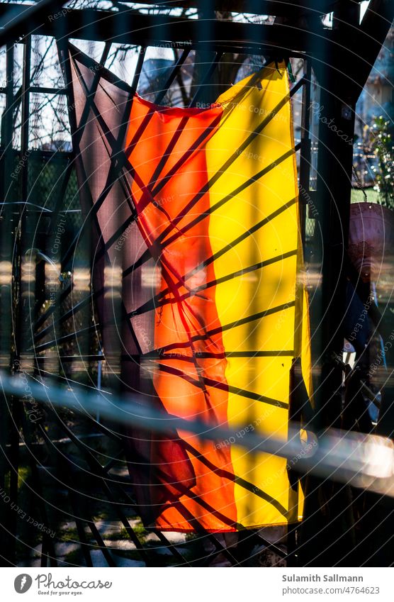 Berlin-Gesundbrunen, March 2022 Germany German flag Tricolour Flag garden door national flag luminescent National flag black-red-gold Access Home country