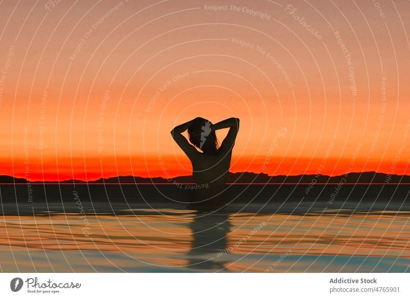 Woman silhouette at sunset woman swimming pool nature summer sunrise young sky person outdoor sunlight evening lifestyle water freedom female girl orange dusk