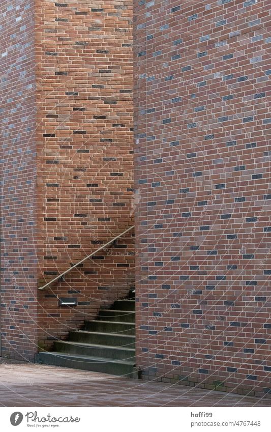 Red brick facade with hidden staircase Banister stair treads Stairs Minimalistic Architecture architectural photography Modern rail Modern architecture Upward