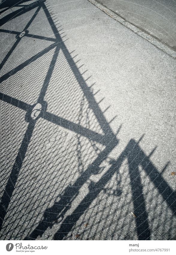 Put in chains. Shadow of an iron gate armed with lace. Alarming Exceptional Deception Fence captivity Contrast Dark Captured Sadness Inequity Fear