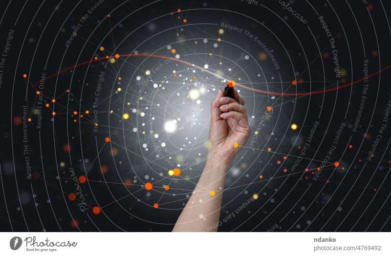 female hand holds a marker and draws connections in the structure of the global network for the exchange of information between users. Global business network concept