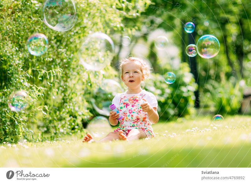 A little girl blows soap bubbles in the park, sitting on the grass. The concept of a happy childhood summer cute nature sunny kid green joy happiness small