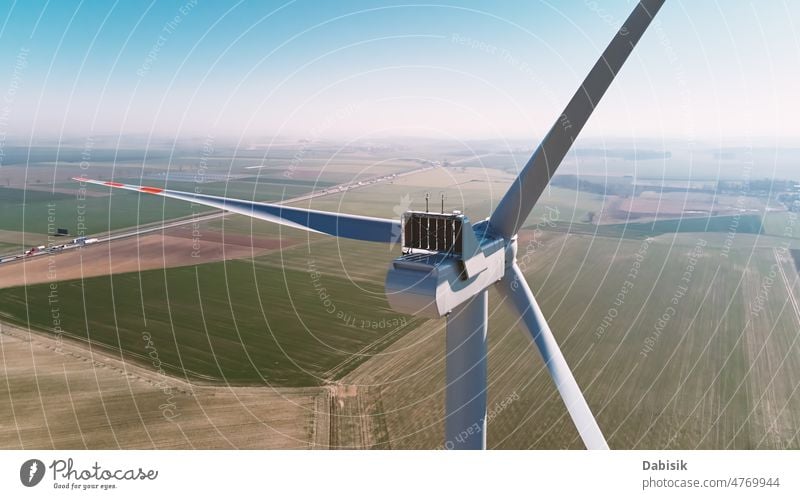 Aerial view of part of windmill turbine in countryside, Green energy generator wind turbine renewable sustainable power innovation eco protection climate save