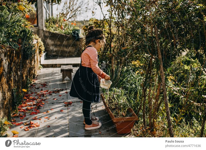 Cute girl watering plants Watering can Garden Gardening Child Girl 3-4 years Summer Day Nature Exterior shot Green Plant Human being Colour photo Authentic