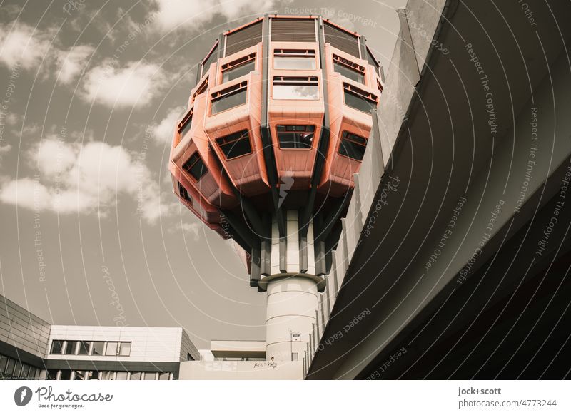 a so-called beer brush Futurism Tower steglitz Berlin Polygonal construction 70s Sky Clouds landmark Facade Bridge Modern architecture Landmark