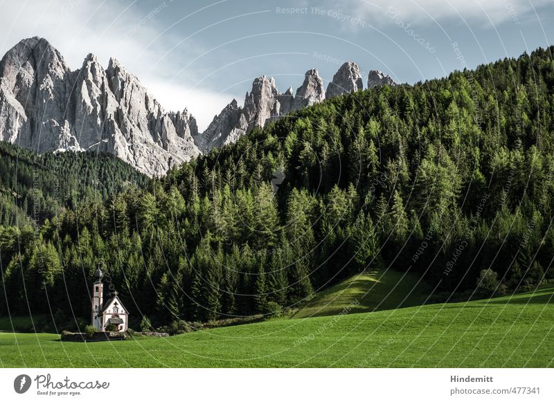 A little church stands in the forest ... (3) Vacation & Travel Tourism Sky Clouds Summer Beautiful weather Tree Grass Meadow Forest Hill Rock Alps Mountain Peak