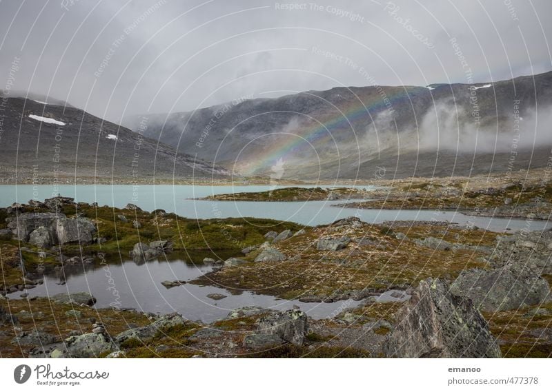 Rainbow in the highlands Vacation & Travel Tourism Far-off places Freedom Expedition Mountain Hiking Nature Landscape Water Sky Clouds Weather Fog Snow Hill