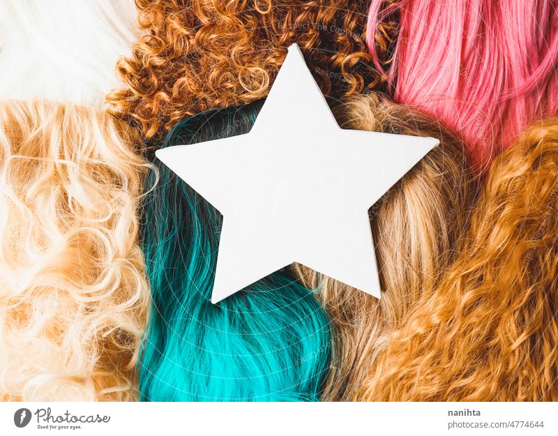 Mockup of a card over a lot of colorful wig mockup mock up hair hairstyle hairdresser blanket copy space negative space trendy fashion accessories hair piece