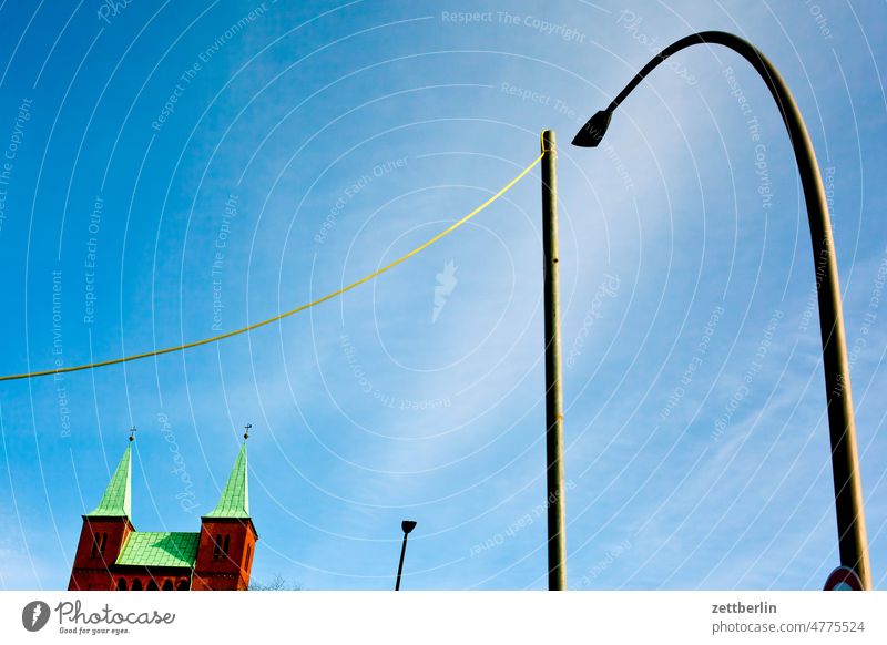 Erlöserkirche, Berlin-Moabit, with various street furniture Church Church spire religion Christianity Lantern Pole Cable Connection left Cabling vrbindung