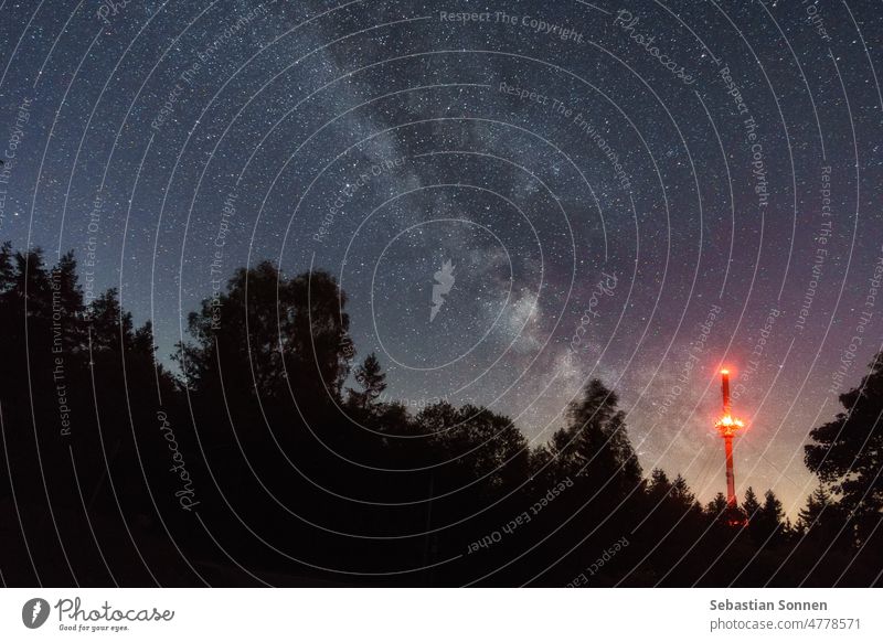 Milky way over pine trees in the middle of forest with radio mast Night Sky Silhouette Landscape Galaxy Stars Forest Nature milky Astronomy Astrophotography