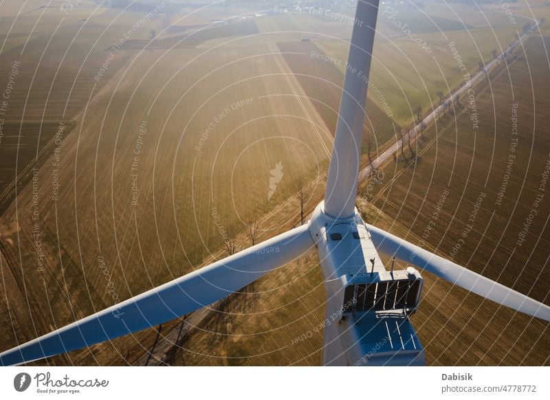 Aerial view of part of windmill turbine in countryside, Green energy generator wind turbine renewable sustainable power innovation eco protection climate save