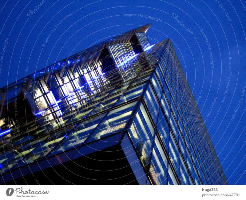 a look up Railroad Night Dark High-rise Potsdamer Platz Night sky Berlin Tower Evening Blue Light Tall Lighting Modern Glass Architecture