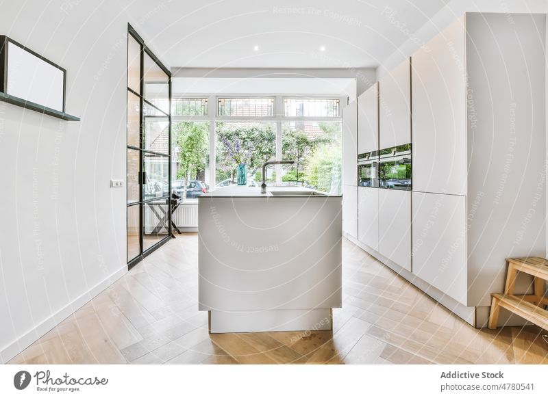 Interior of spacious kitchen with white furniture and modern appliances in daylight interior island apartment sink cabinet minimal residential parquet flat