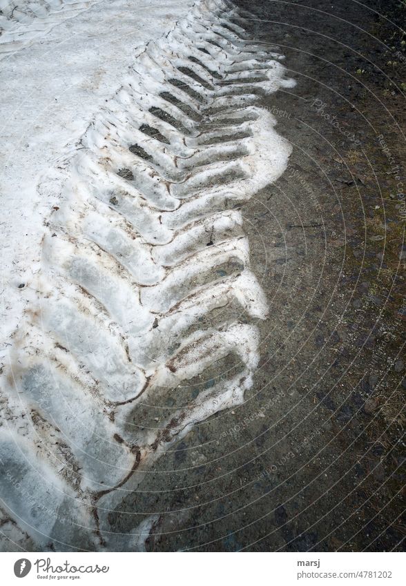 Searching for traces. Stuck profile. Tractor track in snow. Pattern Structures and shapes Tire tread Imprint Skid marks Tracks Sublime off Morning Contrast