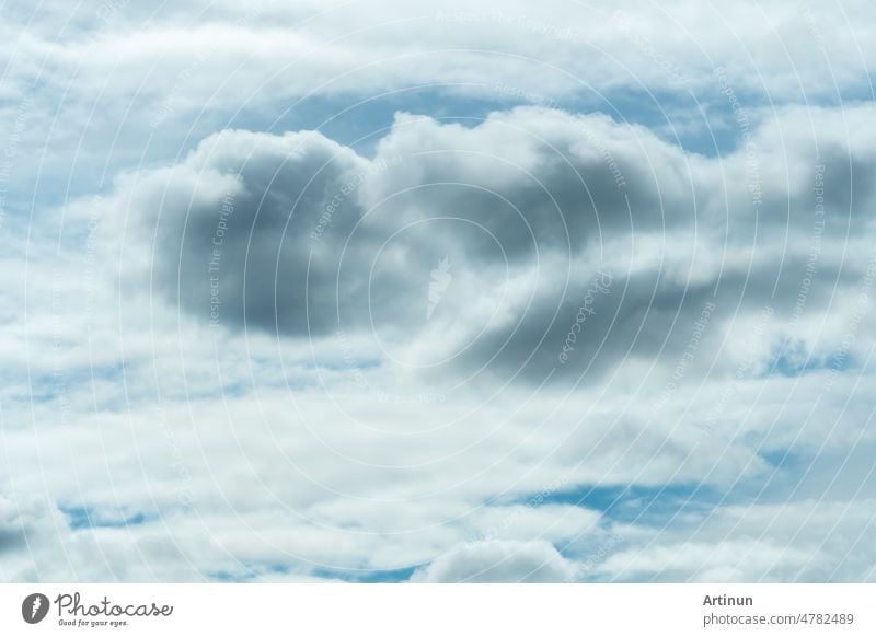 White and gray fluffy clouds on blue sky. Soft touch feeling like cotton. White puffy cloudscape. Beauty in nature. Close-up white clouds texture background. Cloudy sky. Background for tranquility.