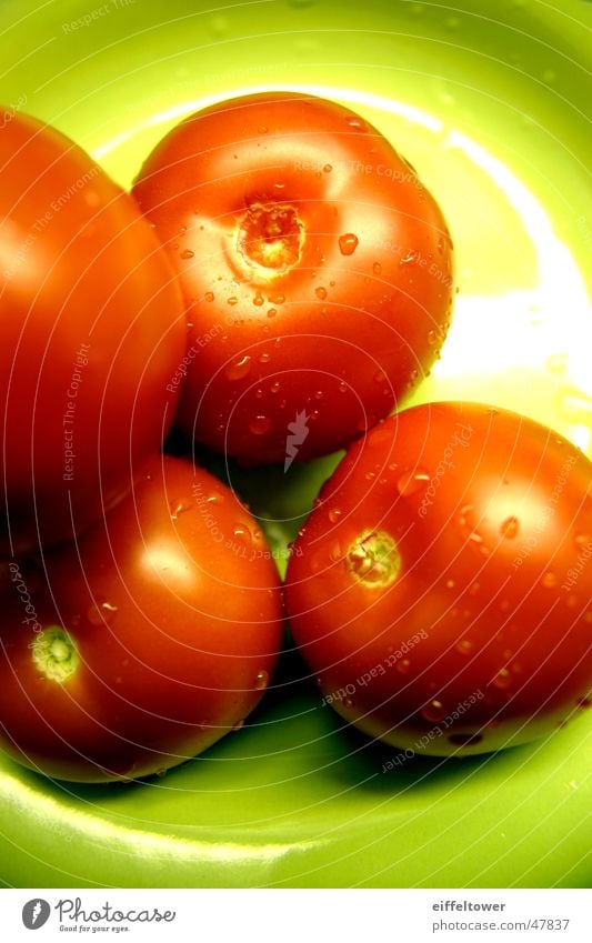 Tomato on plate Red Green Plate Interior shot Water Drops of water reflection