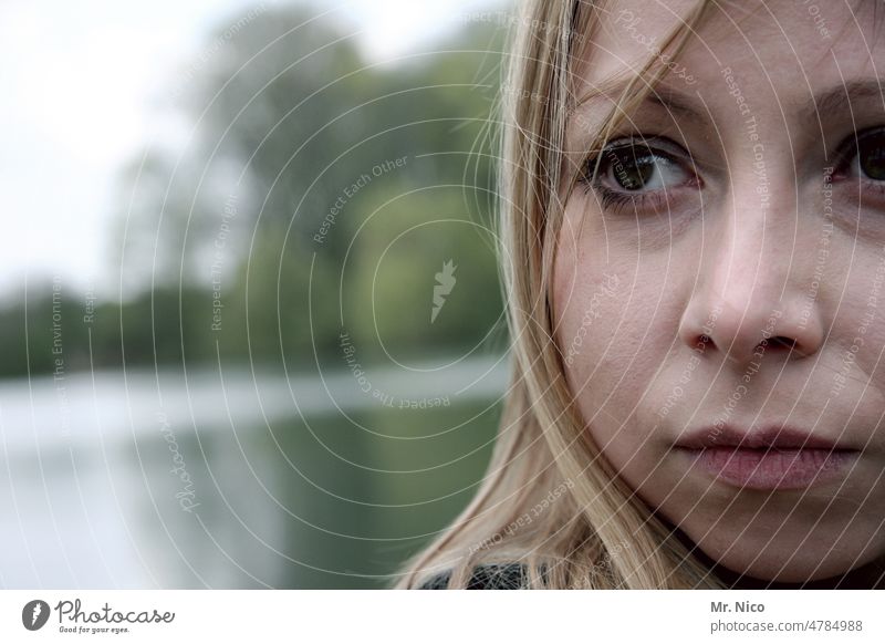 woman portrait Feminine Hair and hairstyles Head naturally Long-haired Face Lips Woman Emanation Looking View to the side Meditative Strand of hair Authentic