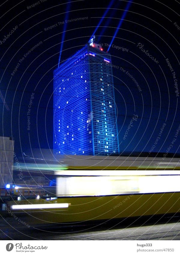 Attention, one lane! Light Illumination Night sky Alexanderplatz Tram Speed Long exposure Transport Public transit Berlin festival of lights park inn hotel Blue