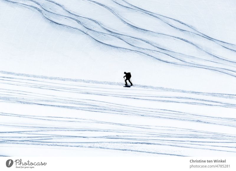 999 steps are already done... A ski tourer and his shadow in deep snow off the ski slope on the strenuous way up. Several downhill tracks can be seen around him.