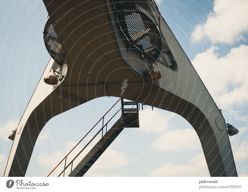 Detail from port crane Sky Clouds Stairs Harbour Shadow Industry Worm's-eye view Crane Dockside crane Logistics Transport Silhouette Technology Magdeburg