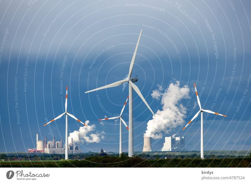 Wind turbines, wind power plants in front of lignite-fired power plants in North Rhine-Westphalia Renewable energy Energy industry Wind energy plant