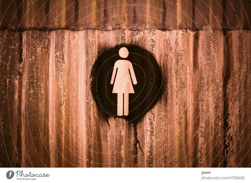 Old metal door with pictogram ladies WC LAVATORY women Toilet Pictogram Public restroom Metal Corrugated sheet iron Brown john Sanitary facilities Round