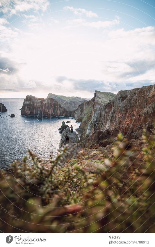 passionate traveller and hiker discovers the beauty of the ponta de sao lourenco area on the island of Madeira, Portugal at sunrise. A view of part of the wild nature of the peninsula