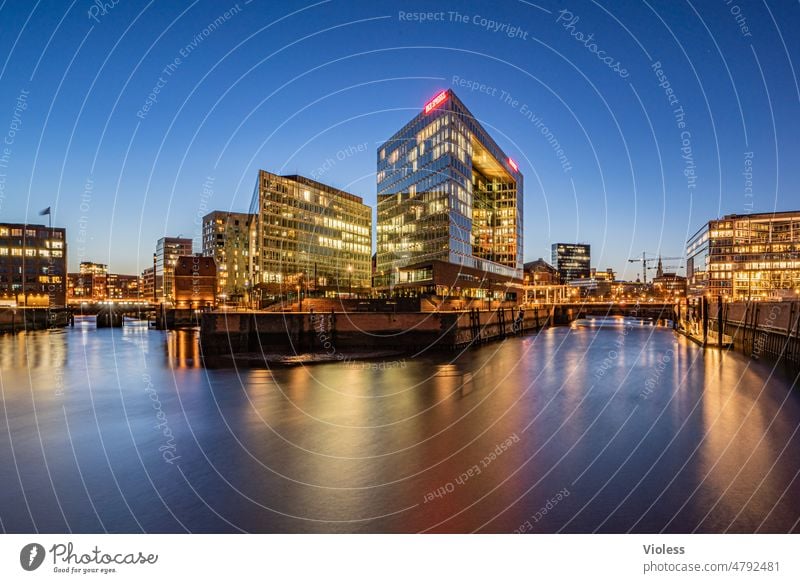 Hafencity at dusk II Dark Twilight Wide angle Bridge Night shot Old warehouse district Port of Hamburg Illumination Maritime Red Illuminate Attraction Historic