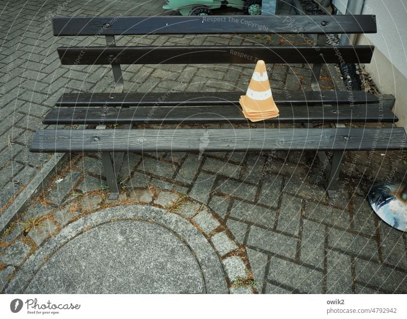 bowling alley Bench bench Seating Rack Wood painted black Paintwork Colour Glittering Old fashioned Skittle Hats stacked Multiple faded Bleached Wait patience