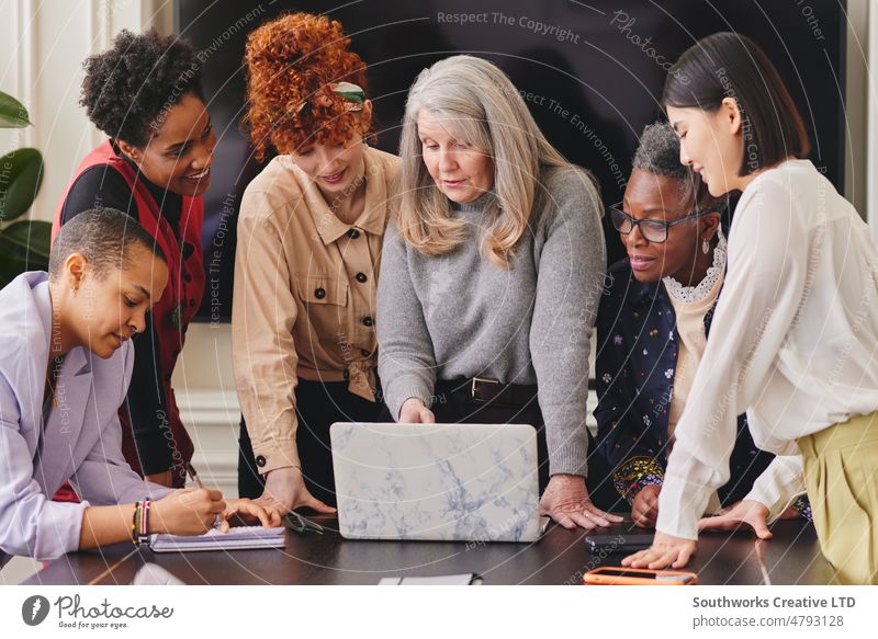 Multi ethnic mixed age range women in creative business meeting female empowerment leadership group adult team diverse woman multi ethnic bipoc colleague