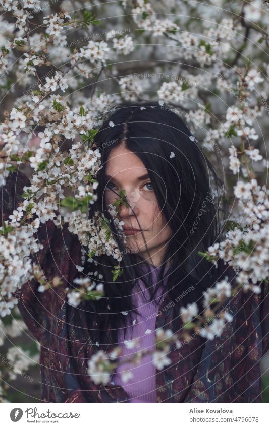 self portrait under a blooming plum tree blossom serious nature portrait outside outdoor portrait dark hair blue eyes petals in hair plum petals spring time