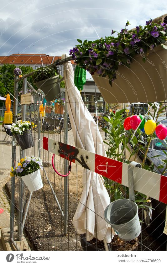 Construction fence with flowers Berlin Office Germany Facade Window Building Capital city House (Residential Structure) Life voyage Skyline Town city district