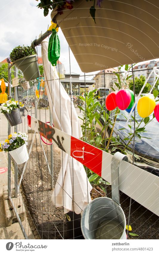 Construction fence with flowers Berlin Office Germany Facade Window Building Capital city House (Residential Structure) Life voyage Skyline Town city district