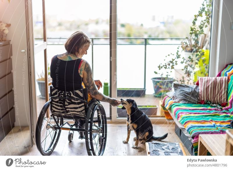 Young woman with disability with her dog at home wheelchair domestic life confidence indoors house people young adult casual female Caucasian attractive