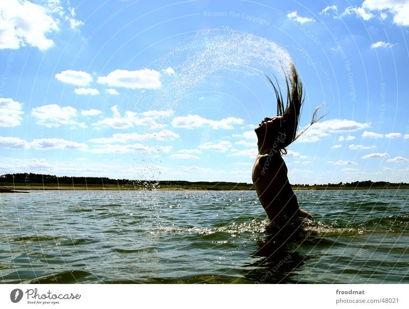 watermark Long-haired Swing Summer Back-light Clouds Action Emerge Waves Water fun sun Swimming & Bathing swimming Sky nude sihouette Drops of water