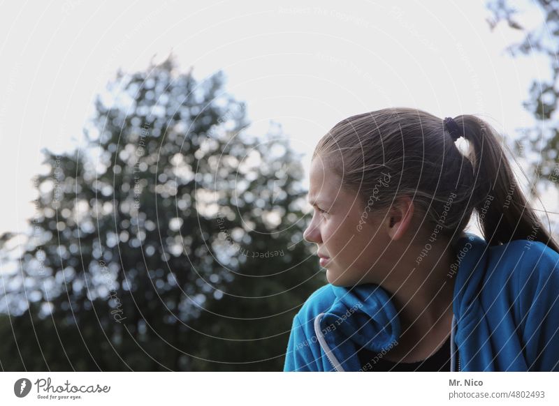 GIRL Young woman naturally Braids Long-haired Observe Meditative Timidity Stop short Looking away Calm Dreamily Uniqueness Longing portrait Concern Feminine