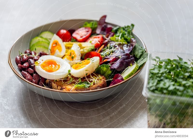 Medium boiled eggs with sasld, healthy breakfast soft-boiled diet bread yolk yellow medium boiled egg toast green salad leaves avocado cherry tomatoes cucumber