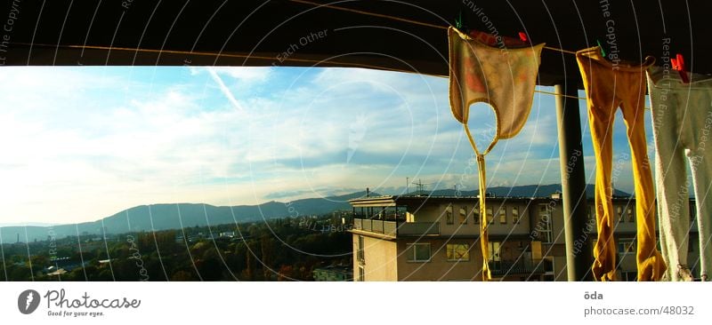 Washing with a view Laundry Dry Washing day Hang Panorama (View) High-rise Balcony Vantage point Large Panorama (Format)