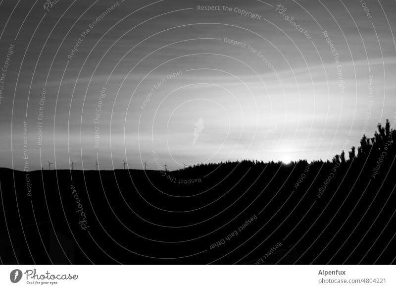 Footbridge at night windmills Renewable energy Wind energy plant Pinwheel Climate change Eco-friendly wind power Energy Night Black & white photo